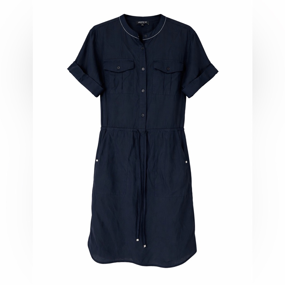 Lafayette 148 New York Blue Satin Tie Waist Button Up Shirt Dress